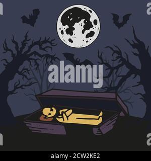 Vector helloween illustration. Coffin with undead vampire with spooky forest Stock Vector