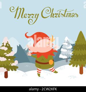 Merry christmas vector postcard with Christmas elf in winter landscape Stock Vector