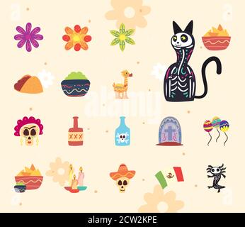 Mexican day of deads free form style collection of icons design, Mexico culture theme Vector illustration Stock Vector