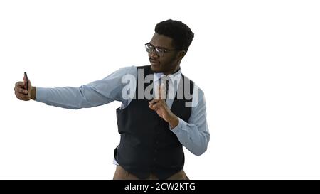 African american businessman making selfies with his phone while Stock Photo