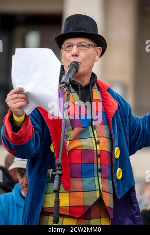 London, UK. 26th Sep, 2020. A speaker addresses the crowd during the ‘We Do Not Consent ‘Protest in London against Lockdown, Social Distancing, Track and Trace & wearing of face masks. Credit: SOPA Images Limited/Alamy Live News Stock Photo