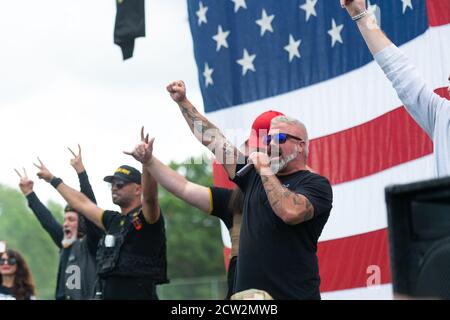 Portland, Oregon, USA. 26th September, 2020.  Joe Biggs during the End to Domestic Terrorism Rally in support of Kenosha shooter Kyle Rittenhouse and Aaron 'Jay' Danielson who was shot dead by an antifascist protester during the ongoing Black Lives Matter protests in the city. Credit: Albert Halim/Alamy Live News Stock Photo