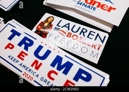 Lauren Boebert bumper stickers on the table at teh Mesa County Republican Party luncheon. Stock Photo