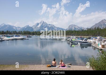 Jackson Lake and Coulter Bay marina, Grand Teton National Park, Wyoming, USA Stock Photo