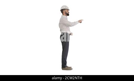 Engineer in a white helmet explaining something on white backgro Stock Photo