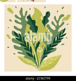 Exotic greenery, leaves and blooming in summer or spring Stock Vector