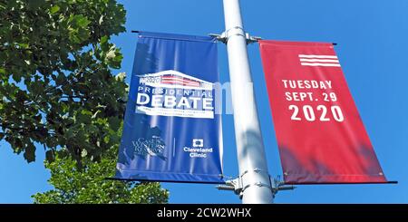 Banners announce the first 2020 US Presidential Debate to be held in Cleveland, Ohio, USA on September 29, 2020.  The debate is to be held at the Samson Pavilion on the CWRU/Cleveland Clinic Health Education Campus. Stock Photo