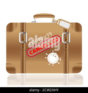 Retro leather vector suitcase with covid-19 cancelled concept with space for your text Stock Vector