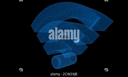 Wi-Fi 3d wireframe with thin blue lines. Futuristic hologram on black background. 3d illustration Stock Photo