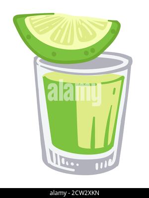 Tequila shot with lime, alcoholic beverage in glass Stock Vector