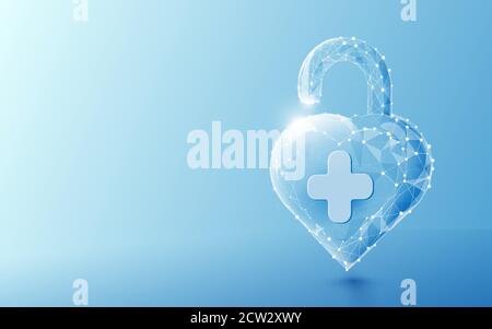 3d Unlocked heart shape with healthcare concept. White lines and low poly model concept design. Vector illustration Stock Vector