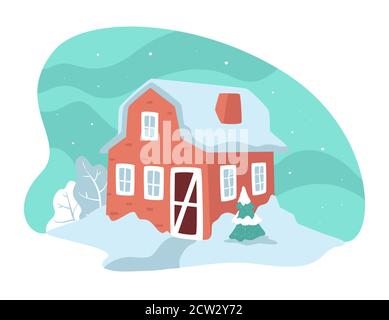House with snowy rooftop, winter landscape in countryside Stock Vector
