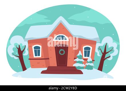 House and yard in winter season, rural landscape Stock Vector