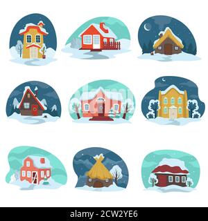 Winter landscapes with houses covered with snow vector Stock Vector
