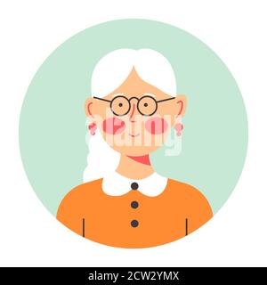 Grandmother portrait in circle, senior lady wearing glasses Stock Vector