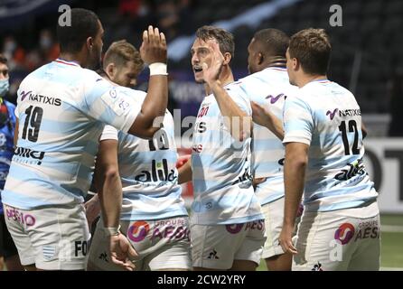 Juan Imhoff of Racing 92 celebrates with teammates scoring the winning try during the Champions Cup, semi-final rugby union match between Racing 92 an Stock Photo