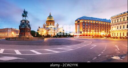 Panorama of Saint Petersburg night city skyline at Saint Isaac Cathedral, Russia Stock Photo