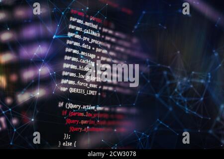 Running Computer data / WWW programming. Web programming functions on laptop on laptop. IT business. Python code computer screen. Mobile application d Stock Photo