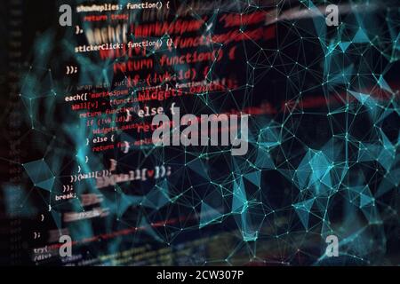 HTML5 in editor for website development. Website HTML Code on the Laptop Display Closeup Photo. Modern tech. Innovative startup project. Stock Photo