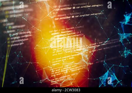Monitor closeup of function source code.Writing programming functions on laptop. Big data and Internet of things trend. Stock Photo