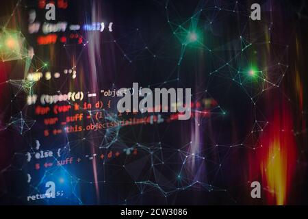 Running Computer data / WWW programming. Web programming functions on laptop on laptop. IT business. Python code computer screen. Mobile application d Stock Photo