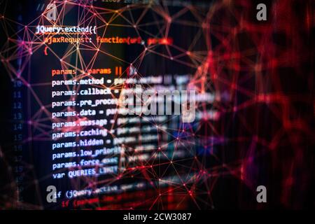 Running Computer data / WWW programming. Web programming functions on laptop on laptop. IT business. Python code computer screen. Mobile application d Stock Photo