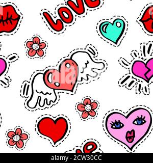Heart with wings, flowers and kissing lips seamless pattern Stock Vector