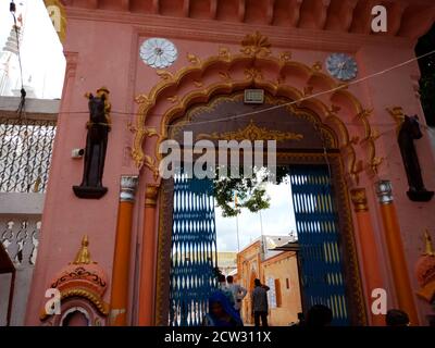 DISTRICT KATNI, INDIA - JULY 08, 2020: Entrance gate at hindu holy temple, tour and travel with family concept. Stock Photo