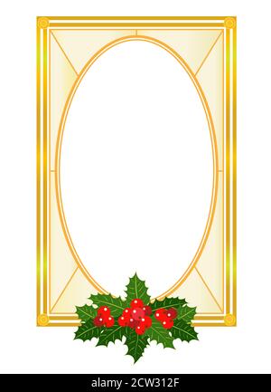 Golden Christmas oval frame with Holly leaves berries in retro style Christmas card vector template design Stock Vector