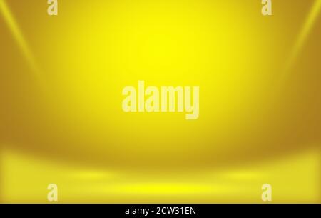 Abstract yellow Studio room background with rays spotlight and empty space. Stock Photo