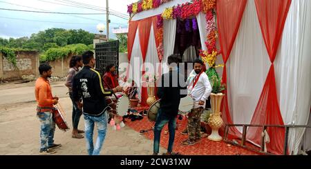 DISTRICT KATNI, INDIA - SEPTEMBER 12, 2019: Indian traditional people playing musical band for Lord Ganesha immersion ceremony. Stock Photo