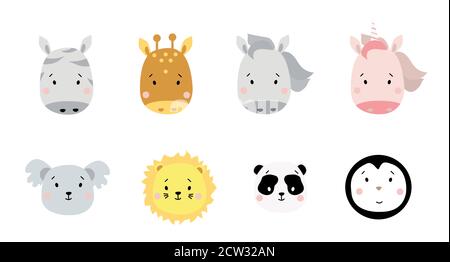 Cute simple animal portraits. A set of colored portraits of exotic animals - zebra and giraffe, horse and unicorn, koala and lion, panda and penguin Stock Vector