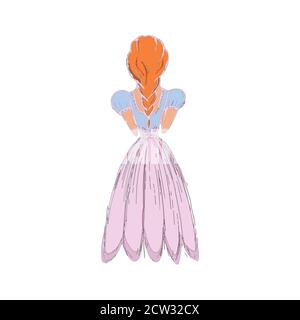 Hand - drawn illustration of a woman in a blue and pink dress. A beautiful gentle girl is standing behind in a floral dress Stock Vector
