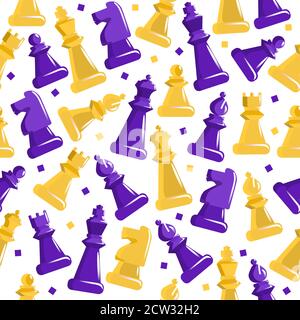 Chess seamless pattern. Purple and yellow figures on cage field ancient strategy game developing logic. Stock Vector