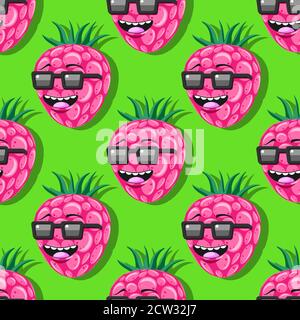 seamless pattern cartoon character raspberry with glasses on green background. Vector image Stock Vector