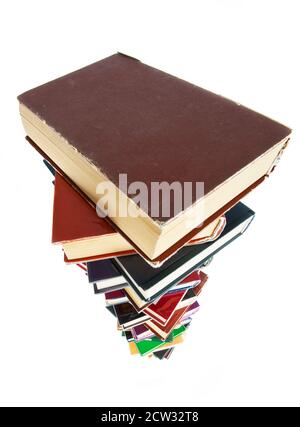 Large stack of books isoltaed on the white - above wide perspective Stock Photo