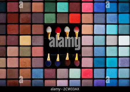 Professional set of various colored eye shadows and eight brushes Stock Photo