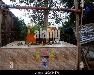 DISTRICT KATNI, INDIA - OCTOBER 10, 2019: A street dog standing on hindu religious place at forest area. Stock Photo