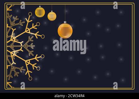 Christmas banner with gold snowflake and bauble balls on dark background. Christmas and New year poster with copy space. Stock vector illustration Stock Vector