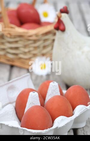 easter decoration with coloring eggs and easter chicken Stock Photo