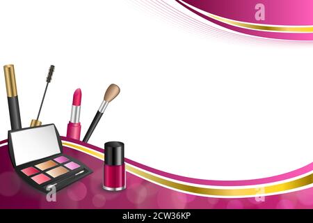 Background abstract pink cosmetics make up lipstick mascara eye shadows nail polish gold ribbon frame illustration vector Stock Vector