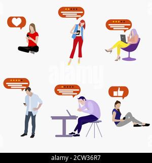 User social media leaving feedback review and evaluation. Man and woman writing survey and ranking. Illustration comment in internet from customer abo Stock Vector