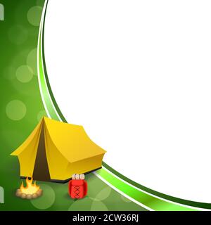 Background abstract green camping tourism yellow tent red backpack bonfire frame illustration vector Stock Vector
