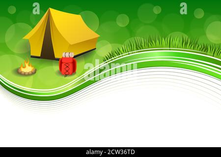 Background abstract green grass camping tourism yellow tent red backpack bonfire frame illustration vector Stock Vector
