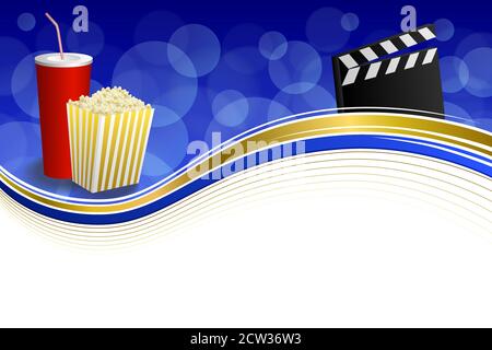 Background abstract blue red drink popcorn movie clapper board gold frame illustration vector Stock Vector