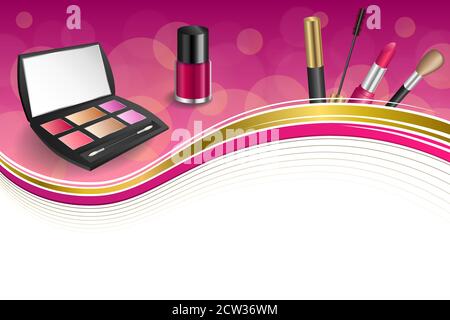 Background abstract pink cosmetics make up lipstick mascara eye shadows nail polish gold ribbon frame illustration vector Stock Vector
