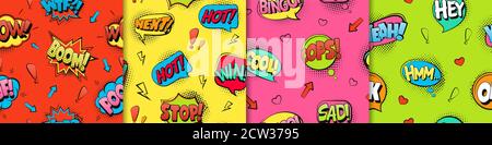 Comic text seamless pattern. Red retro cartoon style with blue phrases explosive fun in green vintage. Stock Vector