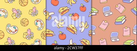 School study and holidays seamless pattern. Festive yellow pink candles with balls sandwiches with red apples and bananas. Stock Vector