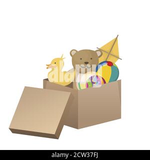 Carton box with kids toys. Children game, box package for baby, childhood playing and activity, kite teddy anf rubber duck. Vector illustration Stock Vector