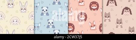 Cute anime animals seamless pattern. Kind yellow hares and sheep in cartoon style. Stock Vector
